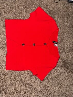 Divided Red Button-Front Short Sleeve Top